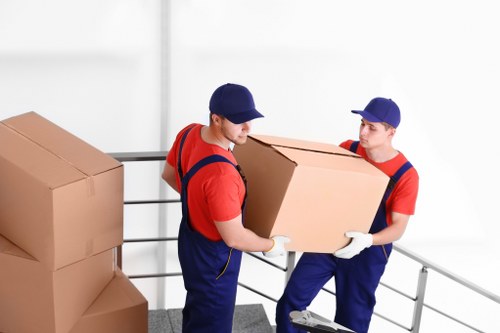 Packed office equipment ready for office removals in Chiswick